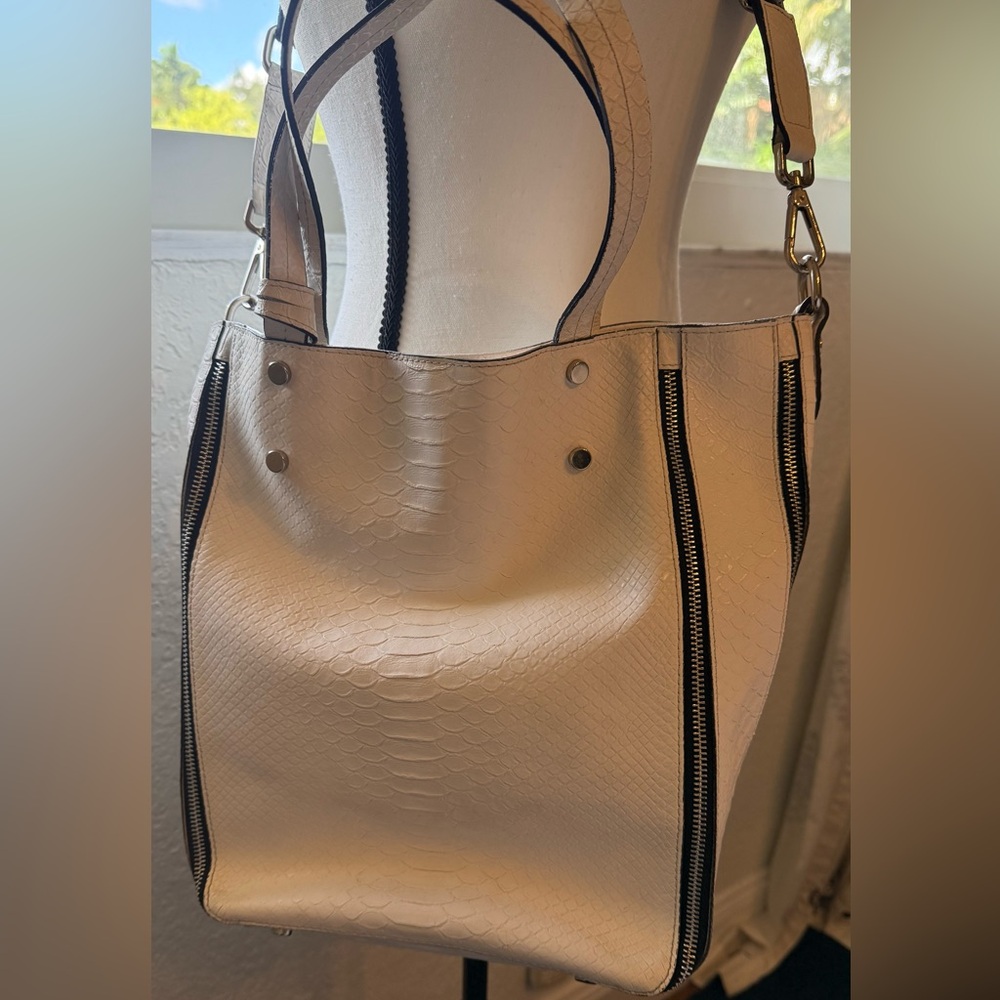 Claudia Firenze White Croc Embossed Leather Tote Bag with Zipper Accents.